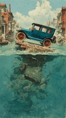 Vintage Car Accident Over the Canal with Underwater Rocks and Historic Buildings in the Background