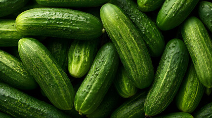 Bright green cucumbers are piled together, showcasing their textured skins at a bustling farmers market stall
