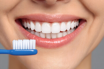 A person smiles brightly, holding a toothbrush to highlight dental care and hygiene