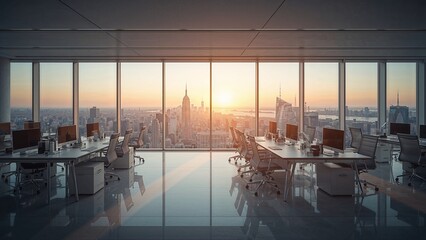 Ultra-modern business office with panoramic city view, sunlight pouring through glass walls, professional workspace, high-tech gadgets, futuristic style