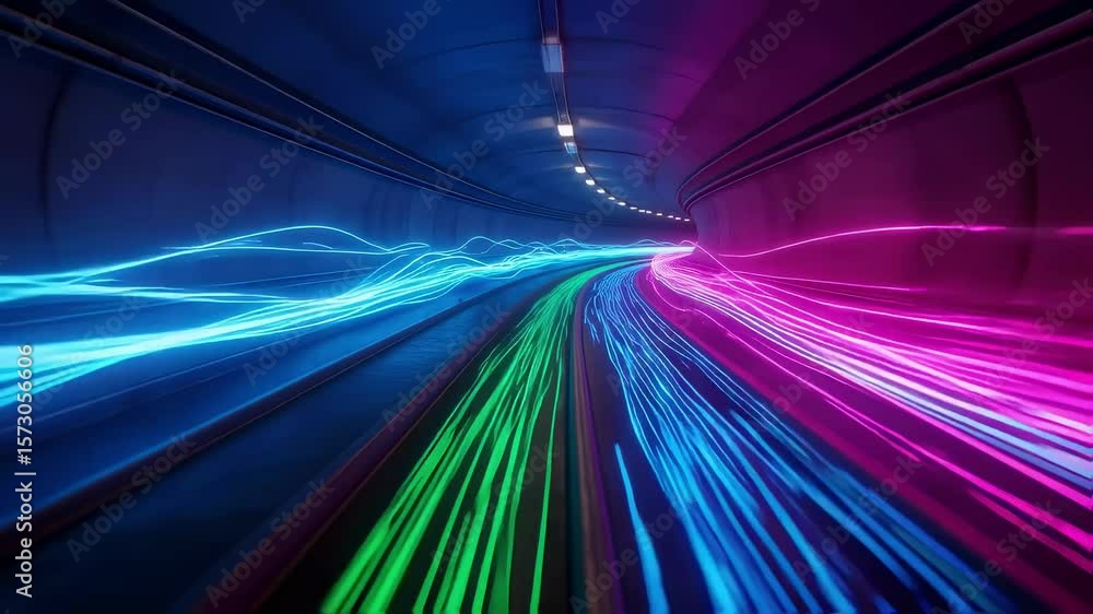 Poster colorful neon lights flowing rapidly through a futuristic tunnel, creating a visual representation o