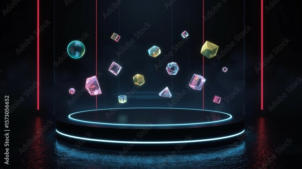 Fototapete futuristic empty podium with glowing edges, surrounded by floating colorful holograms, dark backgrou