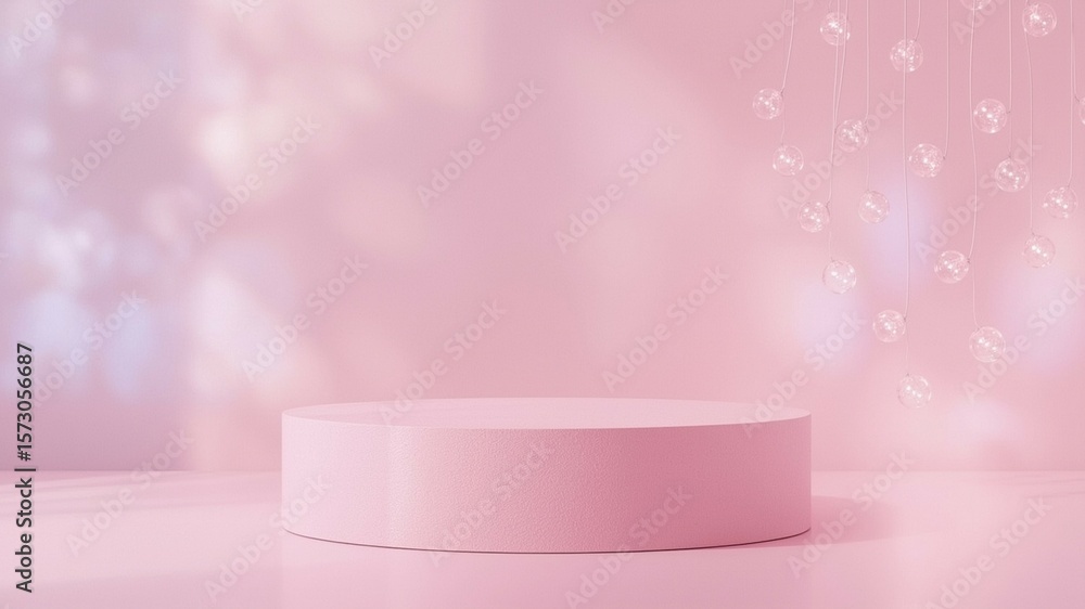 Fototapete pastel-colored podium in front of a soft, dreamy background with floating bokeh lights, minimalistic