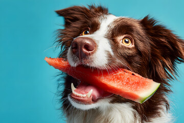 A happy dog holds a large piece of watermelon in its mouth, showcasing joy and playfulness in a colorful environment