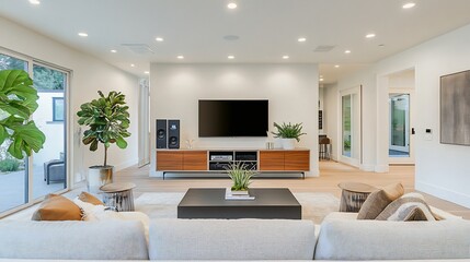 Fototapeta premium Contemporary family hall with a minimalist design featuring clean lines white walls a stylish entertainment center modern lighting fixtures and decorative plants placed strategically around the room