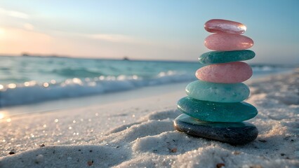 Zen stack of colorful sea glass pebbles on a sandy beach at sunrise