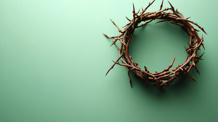 Fototapeta premium Crown of thorns on green background symbolizing faith and sacrifice.