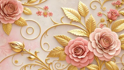 Elegant 3D Renderings of Pink and Gold Floral Arrangements and Patterns