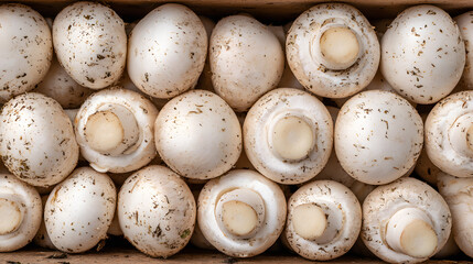White mushrooms are piled in a wooden crate, showcasing their fresh appearance and earthy tones from the soil