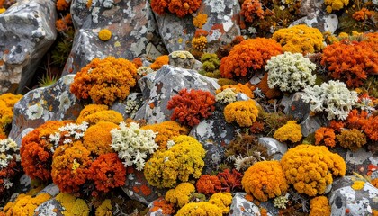Multi-hued lichen colonies covering surface like natural camouflage, with uneven textures and rugged mineral background