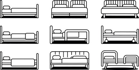 Vector illustration: diverse bed types, minimalist line art, simple style