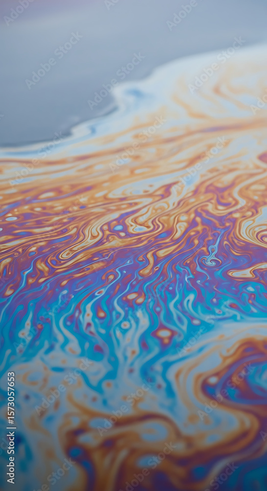 Poster close-up abstract view of colorful iridescent swirling patterns on a liquid surface, created by oil 
