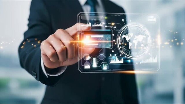 Businessman processing a secure online payment using a digital credit card interface. Fintech innovation, global e-commerce, cybersecurity, and encrypted transaction technology concept. - Powered by Adobe