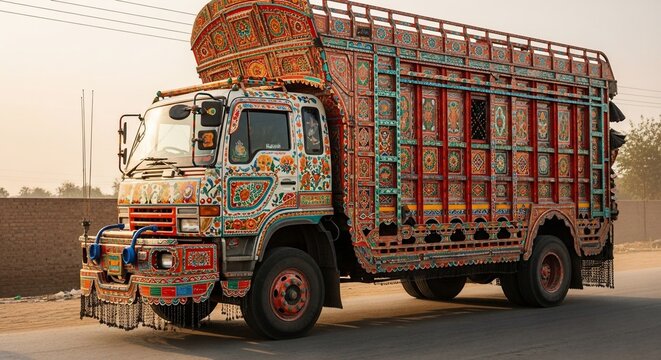 Ornate Pakistani Truck, Vibrant Painted Decor, Roadside Scene