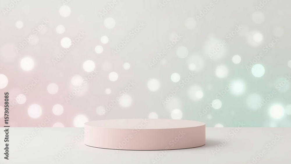 Fototapete pastel-colored podium in front of a soft, dreamy background with floating bokeh lights, minimalistic