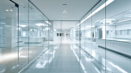 Fototapeta premium Bright, minimalist hallway with glass walls reflecting a sterile interior
