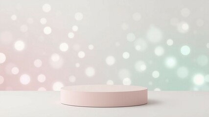 Pastel-colored podium in front of a soft, dreamy background with floating bokeh lights, minimalistic and elegant design.