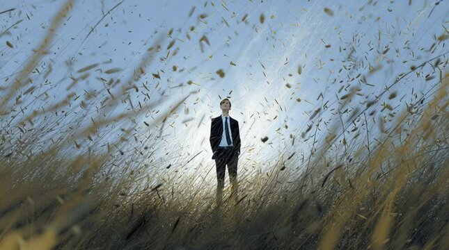 Person in a business suit standing still in a field of tall grass as the wind blows &mdash; a striking contrast between corporate formality and natural freedom, perfect for conceptual, editorial, and advert
