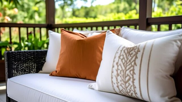 Cozy outdoor sofa with pillows and a green view