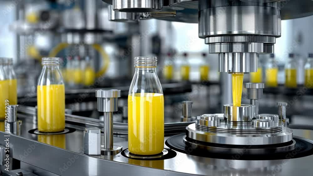 Poster beverage bottling process in a modern factory featuring yellow liquid with automated machinery in ac