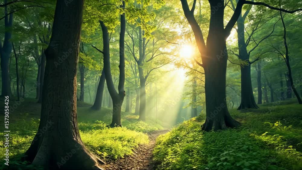 Poster a serene background of a forest with sunlight filtering through the trees, highlighting the earth's 
