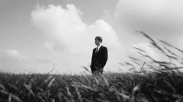 Person in a business suit standing still in a field of tall grass as the wind blows &mdash; a striking contrast between corporate formality and natural freedom, perfect for conceptual, editorial, and advert