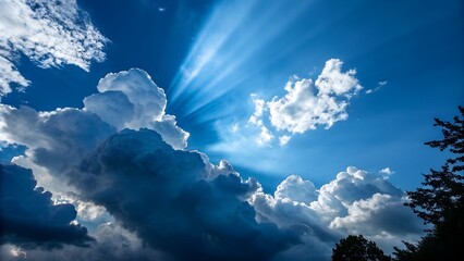 Dramatic sunbeams pierce through dark storm clouds against a vibrant blue sky