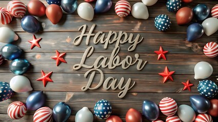 Happy Labor Day Balloons and Stars on Rustic Wood