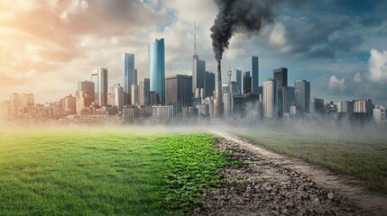 Dramatic contrast between a polluted cityscape and vibrant green fields illustrating environmental impact and urban development challenges
