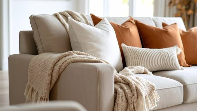 Cozy sofa with textured throws and pillows in warm tones