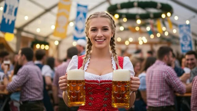 Woman in dirndl holding beer mugs at Oktoberfest beer tent