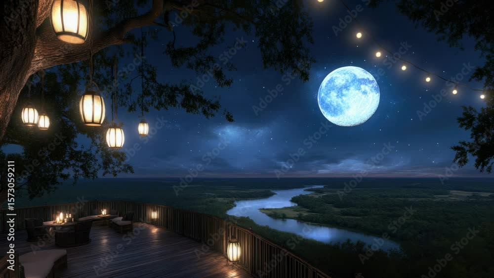 Poster a beautiful evening unfolds with a bright moon reflecting on the calm river while lanterns create a 