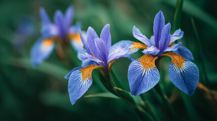 Purple iris flowers with yellow accents on green background.