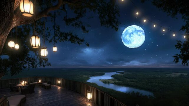 A beautiful evening unfolds with a bright moon reflecting on the calm river while lanterns create a warm glow around a gathering area