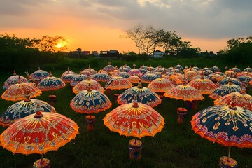 A vibrant vector illustration showcases colorful flowers in a garden with lanterns adorning the temple roof, all under a bright summer sky
