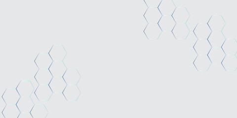 Minimalist hexagon background with light blue geometric shapes on a soft gray backdrop.