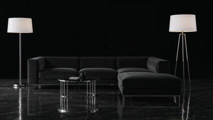 Spacious living room with black background