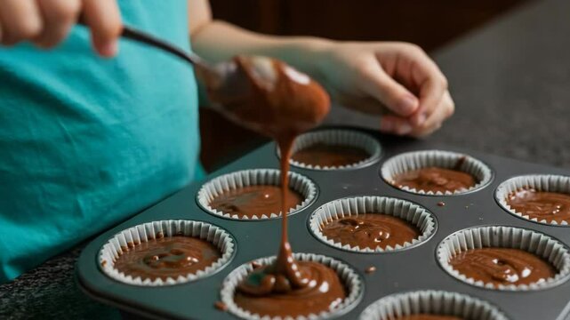 Child pouring cake batter into muffin tin in modern kitchen  