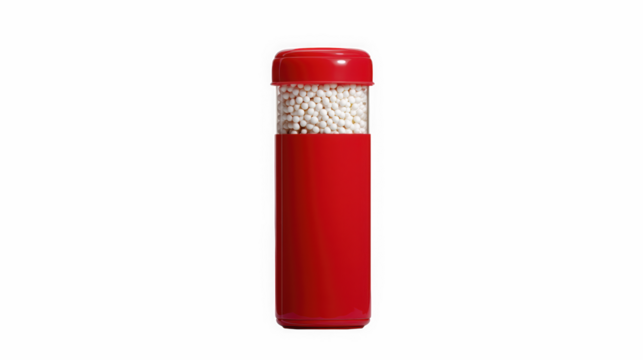 Red container with transparent upper half filled with small white spherical capsules or beads, minimal pharmaceutical or cosmetic packaging
