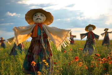 A beautiful woman in a flowing dress gracefully stands in a summer meadow, embodying the serene beauty of nature