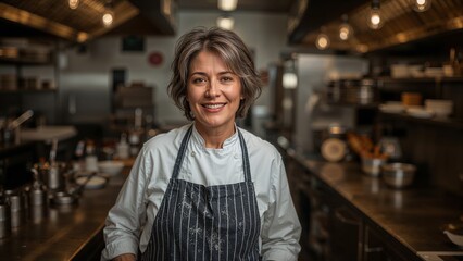 Portrait of a smiling chef with gray hair in a professional kitchen wearing a striped apron