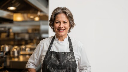 Smiling woman in chef's coat and apron poses in a commercial kitchen with stainless steel equipment