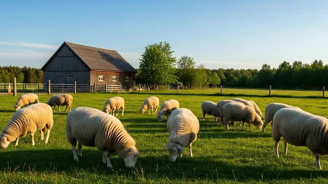 Sheep grazing in field with farm building summer day