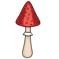 Adorable vector illustration of a cartoon fly agaric amanita mushroom with a conical red cap dotted with white spots and a beige stem, perfect for childrens books, fairytale designs, or autumn-themed