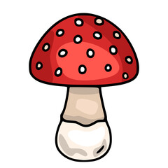 Vector illustration of a cartoon fly agaric amanita mushroom with a red cap and white spots, featuring a unique hand-drawn style and distinct color palette.