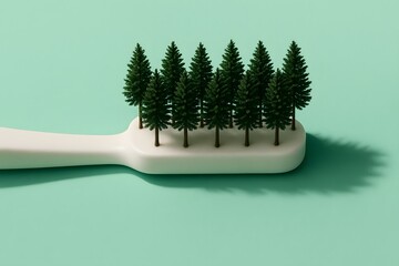 Toothbrush with Pine Tree Bristles on Mint Green Background. Surreal Nature and Hygiene Concept Photo