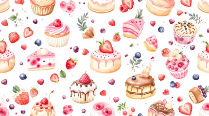 Watercolor Sweet desserts pattern on white background
