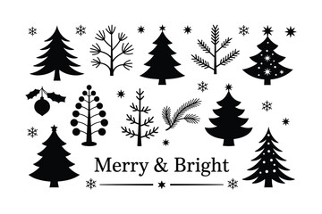 Black christmas trees and snowflakes silhouette collection holly bauble