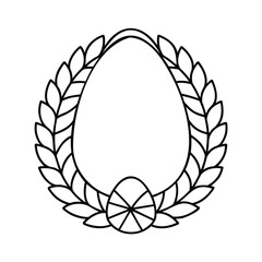Handdrawn egg shape surrounded by laurel leaves with a segmented egg design below on