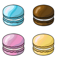 A vector illustration featuring four delectable macarons in pastel shades of blue, brown, pink, and yellow, each with a unique creamy filling and intricate detailing, perfect for design projects ne...